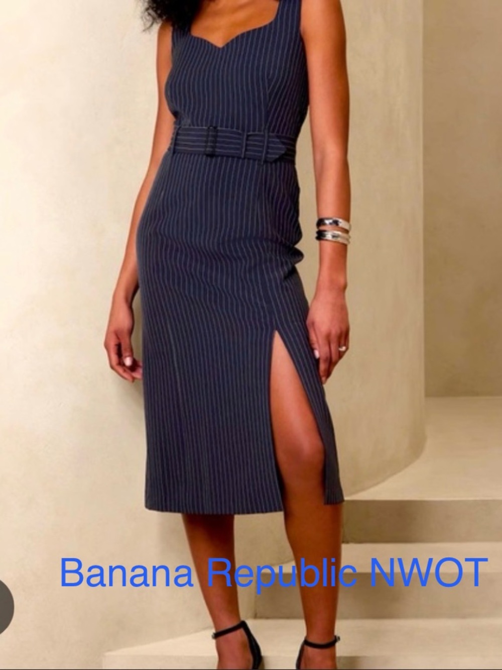 Banana Republic Navy Pinstripe Sheath Dress with Belt